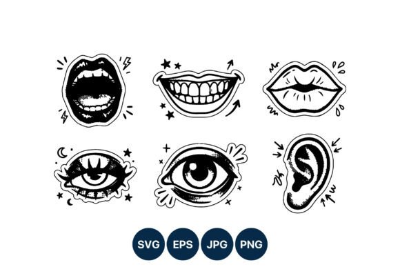 Black and White Mouth Lip Eye Ear Line: Bold Graphic Icons