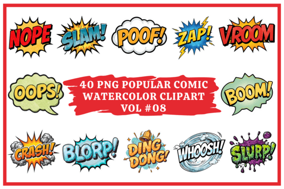 Comic Watercolor Clipart: 40 Bold PNGs for Instant Impact